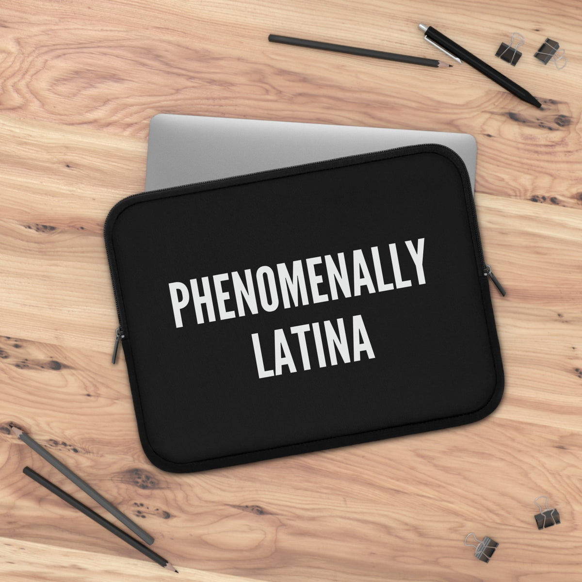 Phenomenally Latina Laptop Sleeve | Bold Text, Black Neoprene